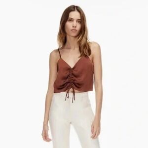 Ruched Satin Spaghetti Strap Crop Top - Brown